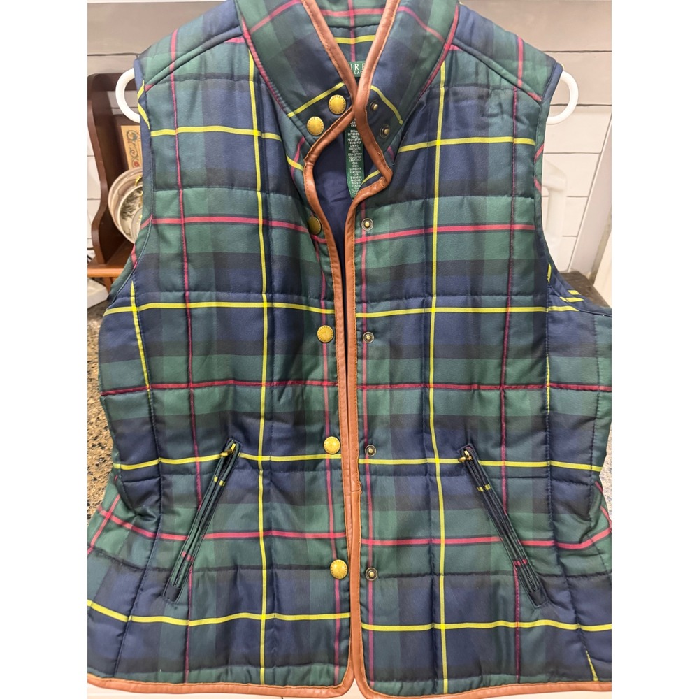 Lauren Ralph Lauren Plaid Quilted Puffer Vest Green Blue Leather Trim Womens L
